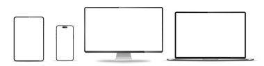 Aygıt ekran modeli. Akıllı telefon, tablet, dizüstü bilgisayar ve monoblock monitörü, sizin için boş ekran. Hisse senedi serbest vektör illüstrasyonu. PNG