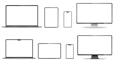 Aygıt ekran modeli. Akıllı telefon, tablet, dizüstü bilgisayar ve monoblock monitörü, sizin için boş ekran. Hisse senedi serbest vektör illüstrasyonu. PNG