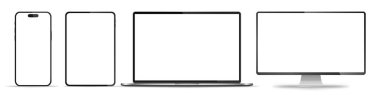 Aygıt ekran modeli. Akıllı telefon, tablet, dizüstü bilgisayar ve monoblock monitörü, sizin için boş ekran. Hisse senedi serbest vektör illüstrasyonu. PNG