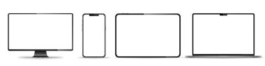 Aygıt ekran modeli. Akıllı telefon, tablet, dizüstü bilgisayar ve monoblock monitörü, sizin için boş ekran. Hisse senedi serbest vektör illüstrasyonu. PNG