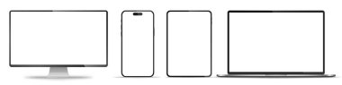 Aygıt ekran modeli. Akıllı telefon, tablet, dizüstü bilgisayar ve monoblock monitörü, sizin için boş ekran. Hisse senedi serbest vektör illüstrasyonu. PNG