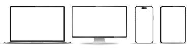 Aygıt ekran modeli. Akıllı telefon, tablet, dizüstü bilgisayar ve monoblock monitörü, sizin için boş ekran. Hisse senedi serbest vektör illüstrasyonu. PNG