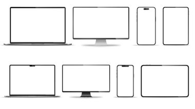 Aygıt ekran modeli. Akıllı telefon, tablet, dizüstü bilgisayar ve monoblock monitörü, sizin için boş ekran. Hisse senedi serbest vektör illüstrasyonu. PNG