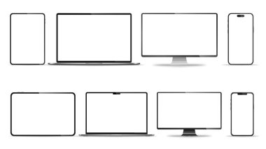 Aygıt ekran modeli. Akıllı telefon, tablet, dizüstü bilgisayar ve monoblock monitörü, sizin için boş ekran. Hisse senedi serbest vektör illüstrasyonu. PNG
