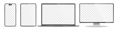 Aygıt ekran modeli. Akıllı telefon, tablet, dizüstü bilgisayar ve monoblock monitörü, sizin için boş ekran. Hisse senedi serbest vektör illüstrasyonu. PNG