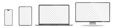 Aygıt ekran modeli. Akıllı telefon, tablet, dizüstü bilgisayar ve monoblock monitörü, sizin için boş ekran. Hisse senedi serbest vektör illüstrasyonu. PNG