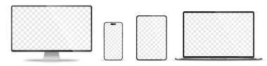 Aygıt ekran modeli. Akıllı telefon, tablet, dizüstü bilgisayar ve monoblock monitörü, sizin için boş ekran. Hisse senedi serbest vektör illüstrasyonu. PNG