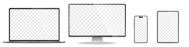 Aygıt ekran modeli. Akıllı telefon, tablet, dizüstü bilgisayar ve monoblock monitörü, sizin için boş ekran. Hisse senedi serbest vektör illüstrasyonu. PNG