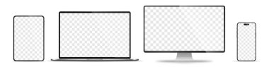 Aygıt ekran modeli. Akıllı telefon, tablet, dizüstü bilgisayar ve monoblock monitörü, sizin için boş ekran. Hisse senedi serbest vektör illüstrasyonu. PNG