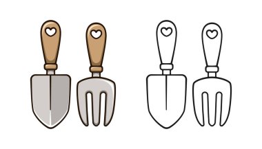 Bahçe küreği ve el çatalı güzel çizgi film ana hatlarını çiziyor. Bahçecilik tarım boyama kitap faaliyet çalışma tablosu çocuklar için