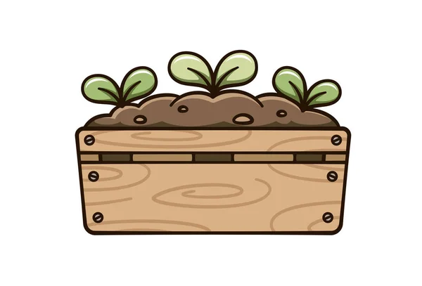 Sprout Roślina Rośnie Drewnianej Skrzyni Cute Ilustracji Kreskówki Ogrodnictwo Rolnictwo — Wektor stockowy