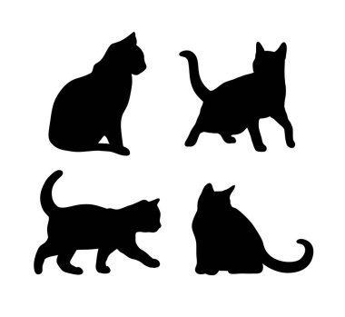 Kara kedi silueti farklı pozlarda ayarlanmış. Oturmak, ayakta durmak, koşmak vs. Simge, Logo vektör çizimi.