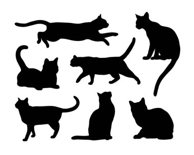 Kara kedi silueti farklı pozlarda ayarlanmış. Oturmak, ayakta durmak, koşmak vs. Simge, Logo vektör çizimi.