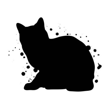 Oturan Siyah Kedi Silueti ve Mürekkep Sıçratan Soyut Çizim.