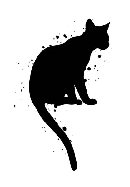Silueta Gato Negro Sentado Con Salpicadura Tinta Ilustración Abstracta — Vector de stock