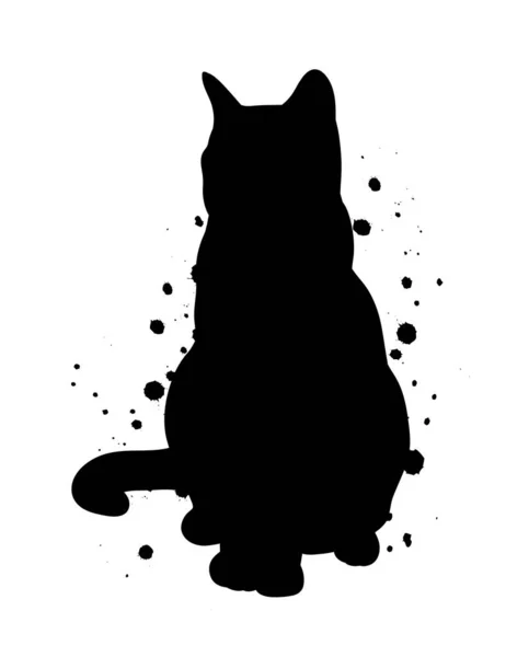 Siedzący Czarny Kot Sylwetka Atramentem Splatter Abstract Illustration — Wektor stockowy