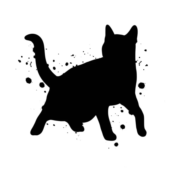 Schwarze Katzensilhouette Mit Tintenspritzer Abstrakte Illustration — Stockvektor
