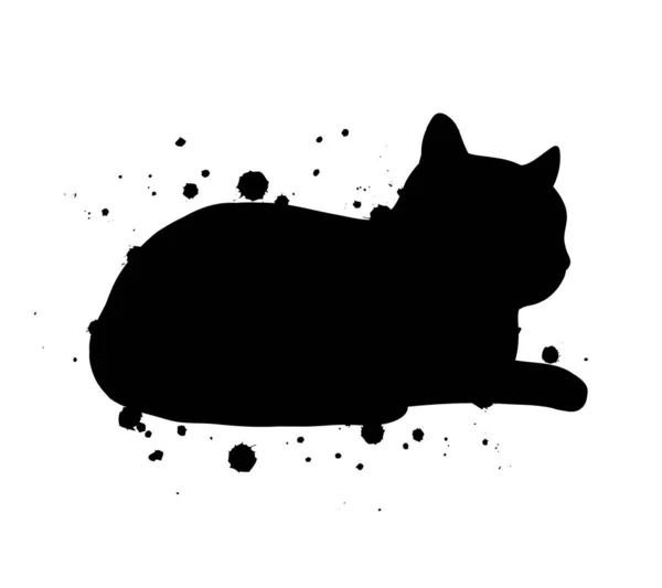 Silhouette Chat Noir Assis Avec Plaque Encre Illustration Abstraite — Image vectorielle