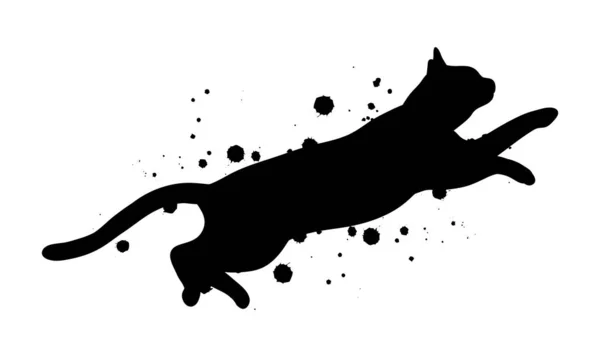 Silueta Gato Negro Saltando Con Salpicadura Tinta Ilustración Abstracta — Vector de stock