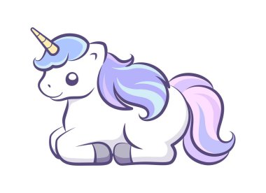 Güzel, mutlu tek boynuzlu at dinlenme vektörü çiziminde yatıyor. Çocuklar için efsanevi yaratık çizgi film tasarımı.