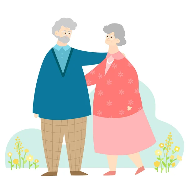 Cute cartoon illustration of a senior couple. Happy old people in casual fashion, stand embracing together. Flat style, vector illustration isolated on white background.