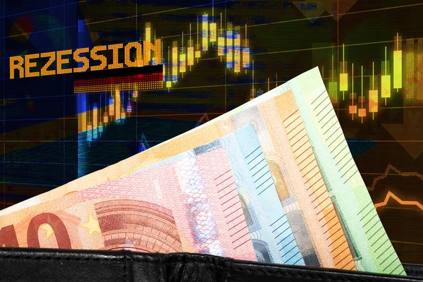 Finanzdiagramm Mit Euro Banknoten Und Rezessionsbeschriftung — Stockfoto