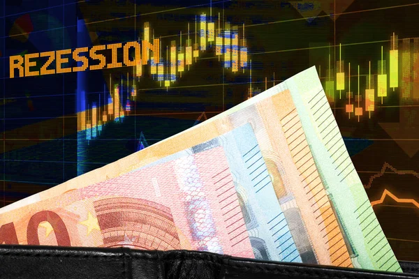 Finanzgrafik Mit Euro Banknoten Und Rezessionsbeschriftung — Stockfoto