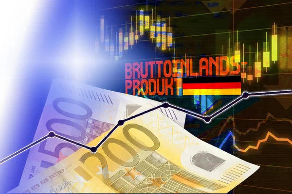 Finanzdiagramm Und Aufschrift Des Bruttoinlandsprodukts Deutscher Sprache Mit Euro Banknoten — Stockfoto