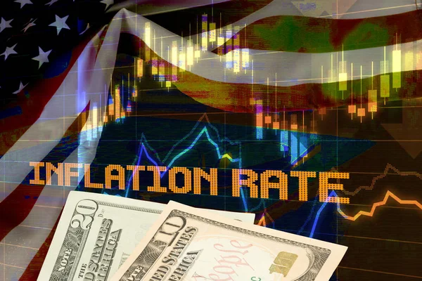 Usa Flag Inflation Rate Lettering Financial Charts Dollar Bills Background — Stock Photo, Image