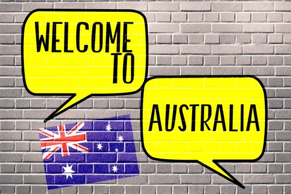 Collage Illustration Med Välkommen Till Australien Inskription Tal Bubblor Tegelvägg — Stockfoto