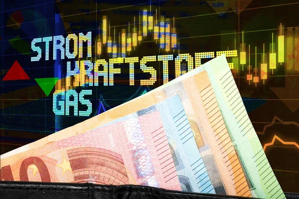 Finanzdiagramm Und Grafiken Mit Euro Banknoten Und Elektrizität Treibstoff Gasbeschriftung — Stockfoto