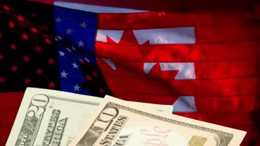 Amerika Birleşik Devletleri ve Kanada bayrağı ve dolar banknotları