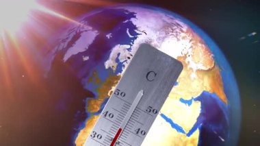 Dünya gezegeni ve yazın iklim değişikliği ve küresel ısınmanın sembolü olarak bir termometre.