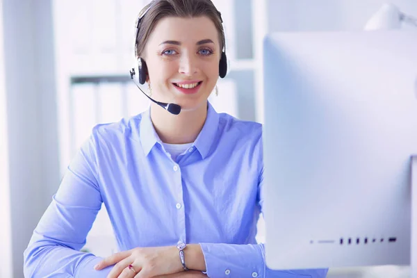 Serious Pretty Young Woman Working Support Phone Operator Headset Office — Stock Photo, Image