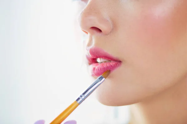 Beautiful Girl Cosmetic Powder Brush Make Makeup Make Applying Perfect — Stock Photo, Image
