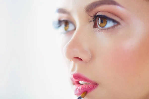 Beautiful Girl Cosmetic Powder Brush Make Makeup Make Applying Perfect — Stock Photo, Image