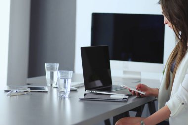 Ofiste dizüstü bilgisayarda çalışan çekici kadın. İş adamları.