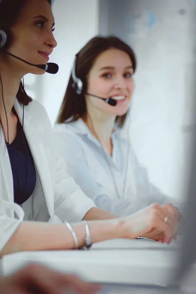 Smiling Businesswoman Helpline Operator Headset Computer Office — Stock Photo, Image