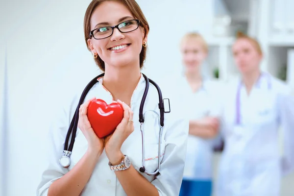 Female Doctor Stethoscope Holding Heart Isolated White Background — Stock Photo, Image