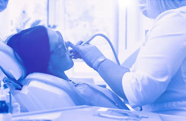 stock image Healthy teeth patient at dentist office dental caries prevention.