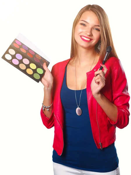 Young Beautiful Woman Holds One Hand Palette Paint Shadows Makeup — Stock Photo, Image