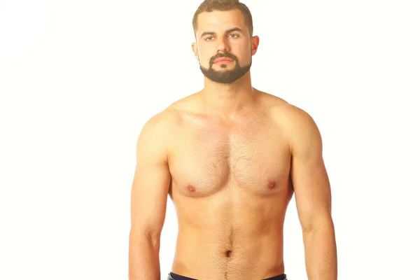 Porträtt Lycklig Atletisk Man Med Muskulösa Överkropp Står — Stockfoto