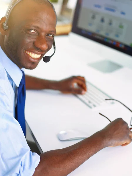 African American Businessman Headset Working His Laptop — Stock Photo, Image