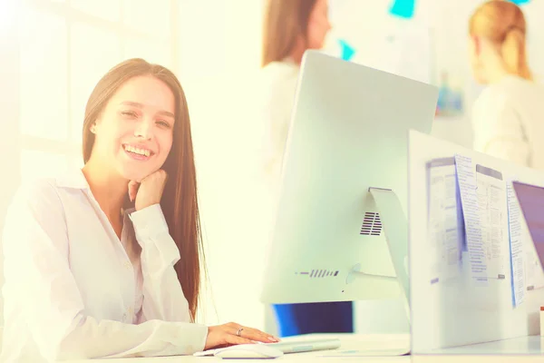 Smiling Businesswoman Helpline Operator Headset Computer Office — Stock Photo, Image