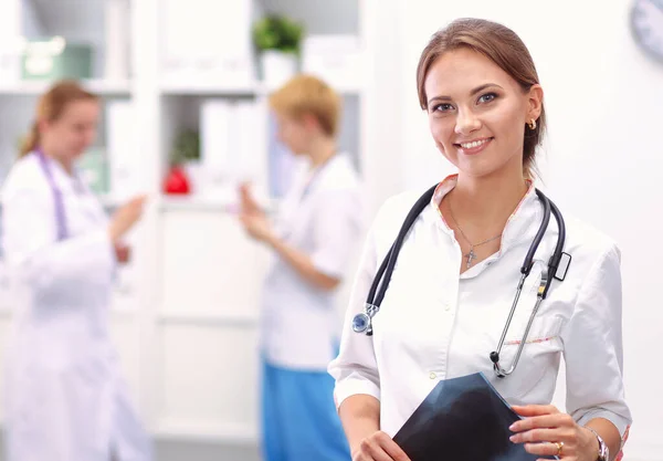 Smiling Medical Doctor Woman Stethoscope Hospital — Stock Photo, Image