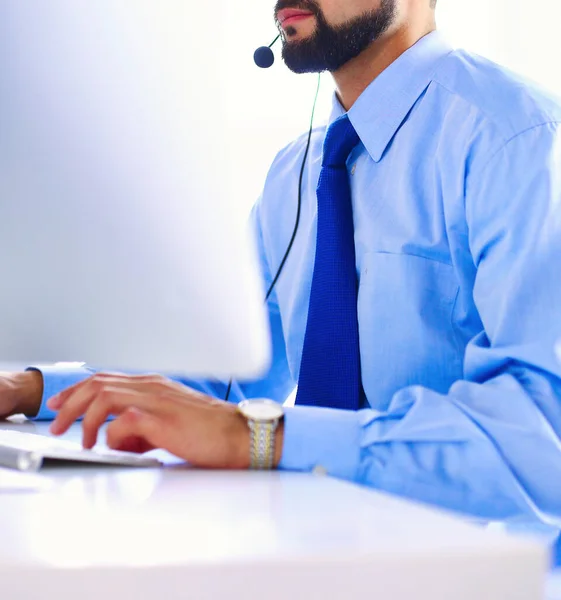 Geschäftsmann Büro Telefon Mit Headset Skype Facetime Stockfoto