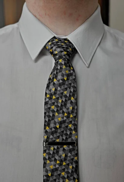 Tailored White Shirt Carefully Tied Gray Yellow Tie — Stock Photo, Image