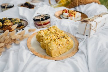 Açık havada eğlenmeye hazır lezzetli yemek ve tatlılarla süslenmiş bir piknik masası..