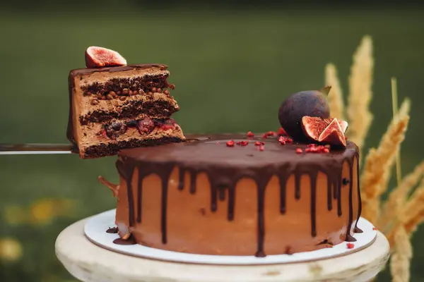 stock image A luscious chocolate cake topped with ripe figs, creating a harmonious blend of rich flavors and textures.