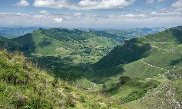 Views of green valley in the mountains, Miera Valley, Valles Pasiegos, Cantabria, Spain